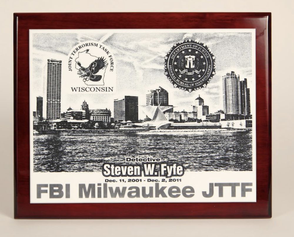 Cherry wood plaque with a detailed photo-engraved metal plate