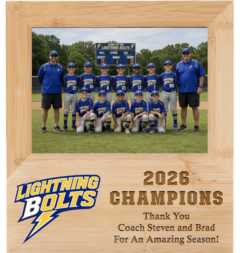 Bamboo photo frame with a team photo, color printed logo and engraved champions message